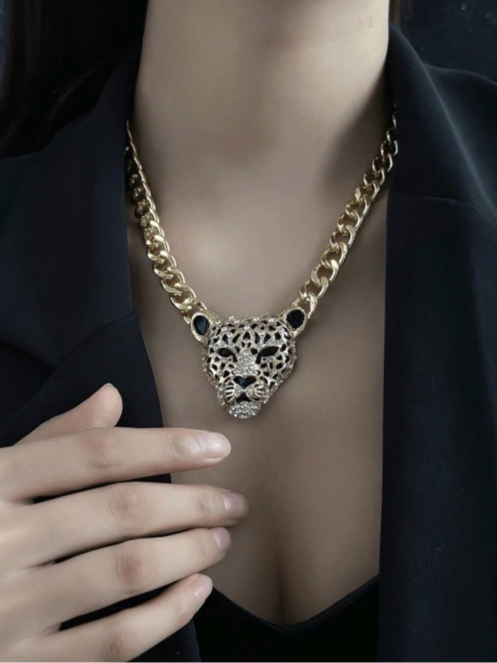 Gold and Black Leopard Head Pendant Necklace